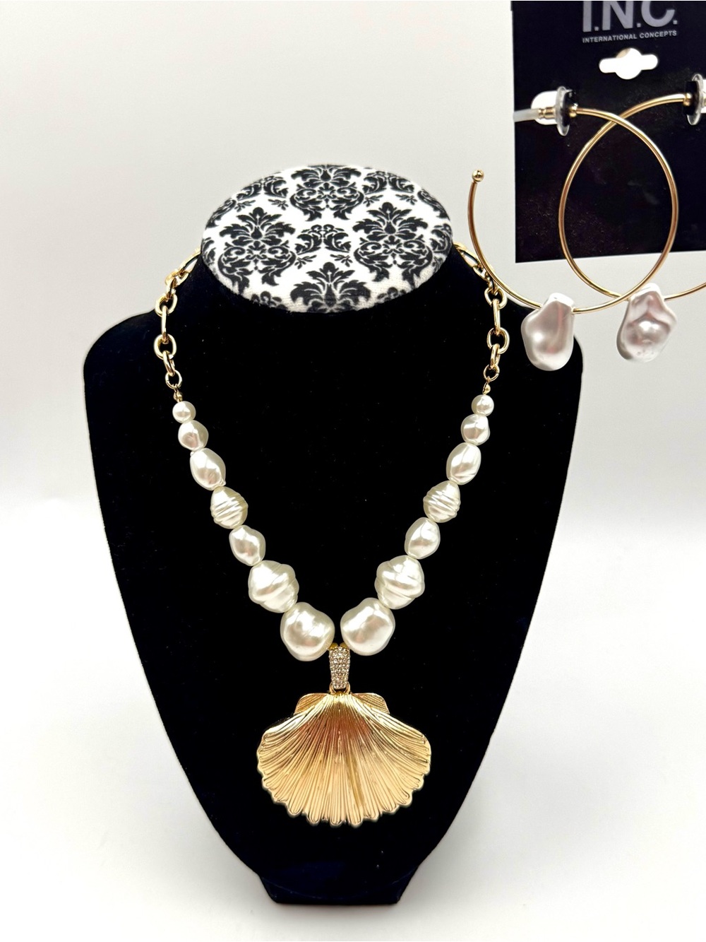 INC International C Gold-Tone Shell Pendant Necklace Pearl Hoop Earrings Set